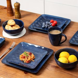 vicrays Ceramic Square Plates Set of 6 - Porcelain 8 inch Dinner Plates for Salad Dessert Appetizer Bread - Microwave Oven and Dishwasher Safe - Blue