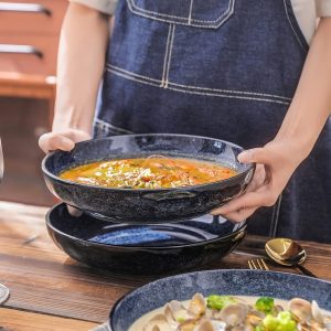 4pcs 4-Piece Large Ceramic Pasta Serving Bowls, 10-Inch Wide Shallow Blue Porcelain Soup Bowls, Microwave & Dishwasher Safe