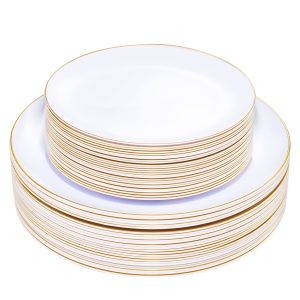 20-Piece Platinum Plastic Plate Set, Includes 10 X 10.25-Inch Large Plates And 10 X 7.5-Inch Small Plates, Suitable For Multiple Occasions Such As Parties, Birthdays, And Weddings. Optimized Spray Coating Process Ensures Product Quality. white and gold