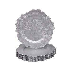 13-Inch Silver Plastic Charger Plate, Round Reef Charging Board Dinner, Fashion Tableware, Wedding, Party Elegantly Decorated Mat Silver