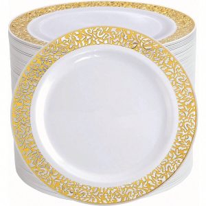 25pcs White With Gold Rim Reusable Fruit Salad Plates, Suitable For Home Gatherings, Parties, Outdoor Events, Team Building Activities,Kitchen,Christmas Gold