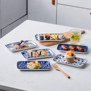 Set Of 6, 8.3 Inch Rectangular Dinner Plates,,Cerkik Rectangular Ceramic Dinner Appetizer Plates, Porcelain Plates For Sushi, Salads, Desserts, Pasta, Oven Microwave Dishwasher Safe, Kitchenware Dinner Plates Gift Box, Housewarming Gift Blue