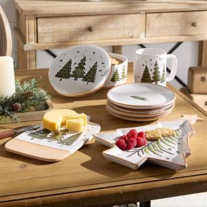 Ceramic Pine Tree Plates - Set Of 4 Rustic Woodland Style Serveware White