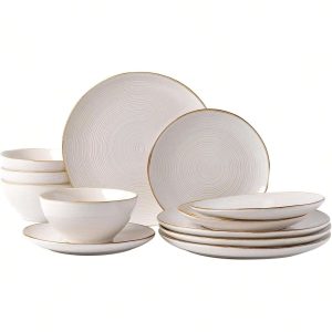 Plates And Bowls Sets For 4, 12 Pieces Stoneware Dinnerware Sets, Dishes Set, Reactive Glaze Dishware Sets, Dishwasher & Microwave Safe, Series - Antique White Antique White