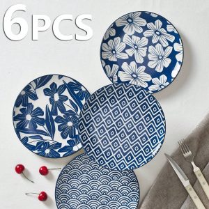 Set Of 6 Ceramic Dinner Plates, 8'Plate,  Microwave Oven & Dishwasher Safe Porcelain Plates, Japanese Style, Sturdy, Scratch Resistant - Vintage Blue Navy Blue