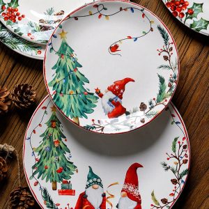 1PC European Ceramic Dinner Plate Creative Christmas Plate Round Household Snack Plate Decorative Plate Dinner Plate Multicolor