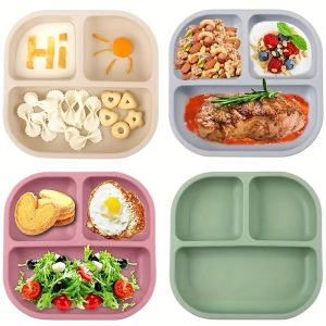 Youngsters & Youngsters Silicone Suction Plates - Non-Slip, Divided Feeding Set for Self-Feeding, Microwave Safe, Dishwasher Friendly - Available in Cream, Pink, Green, Blue