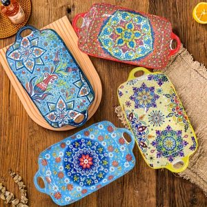 1pc Bohemian Creative ceramic tableware Underglaze Dish Steamed fish plate Home Steamed fish plate High appearance horizontal large rectangular fish plate Ceramic fish plate with two ears 13 inches