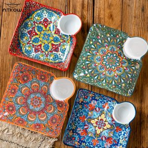 Bohemian 4-Piece Ceramic Dinner Plates Set with Dipping Sauce Dish - Square Boho Decorative Serving Platters for Dumplings, Breakfast, Fruit - Creative High Aesthetic Value Tableware, 7.5 Inch