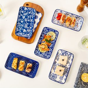 6pcs, 6-Piece Blue and White Ceramic Rectangle Serving Platter Set, 8 Inch, for Sushi, Salad, Dessert, Pasta, Oven, Microwave, Dishwasher Safe