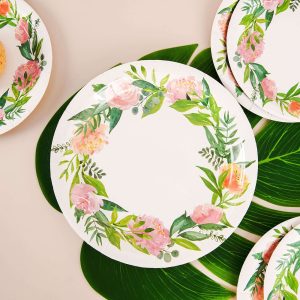 25 Pack Rose/Peony Flower Wreath Dinner Paper Plates, Disposable Party Plates 9