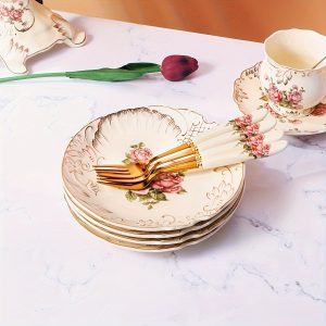 8pcs European Style Ceramic Dinnerware Set - 7.5In Lightweight Plates With Embossed Golden Rose Edge, Includes Steak Plate, Fruit & Salad Plates For Dining, Parties, Dinners - Milky White