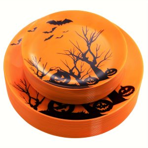 60pcs Halloween Party Plates, Disposable Plastic Supplies Set, Includes: 30 Orange Dinner Plates 10.25inch, 30 Salad Plates 7.5inch, Suitable For Halloween & Party