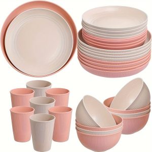 LIYH 32pcs Wheat Straw Dinnerware Sets, Pink Plates And Bowls Sets, Plastic Plates Reusable, Microwave Dishwasher Freezer Safe (Pink And Beige)